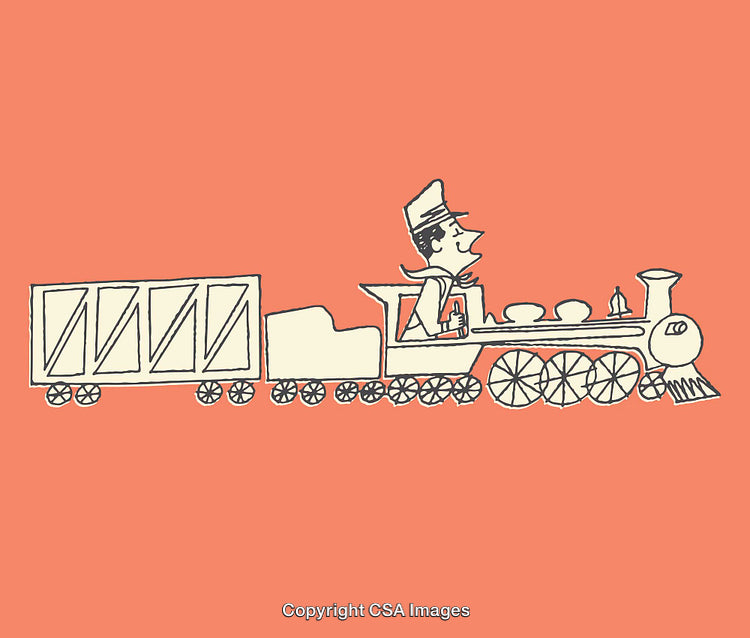 Vintage Illustration of a Train With Engineer in Simple Line Art Style