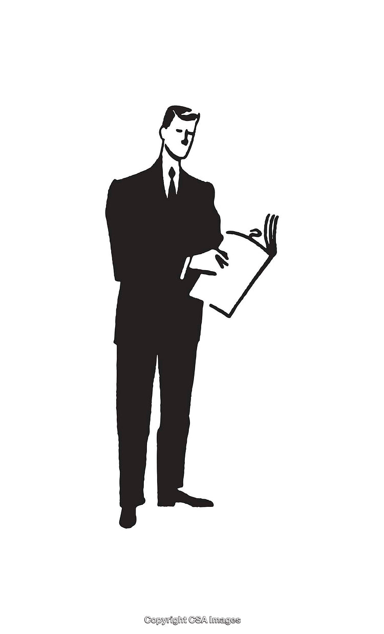 Businessman in Suit Reading a Document Monochrome Line Drawing