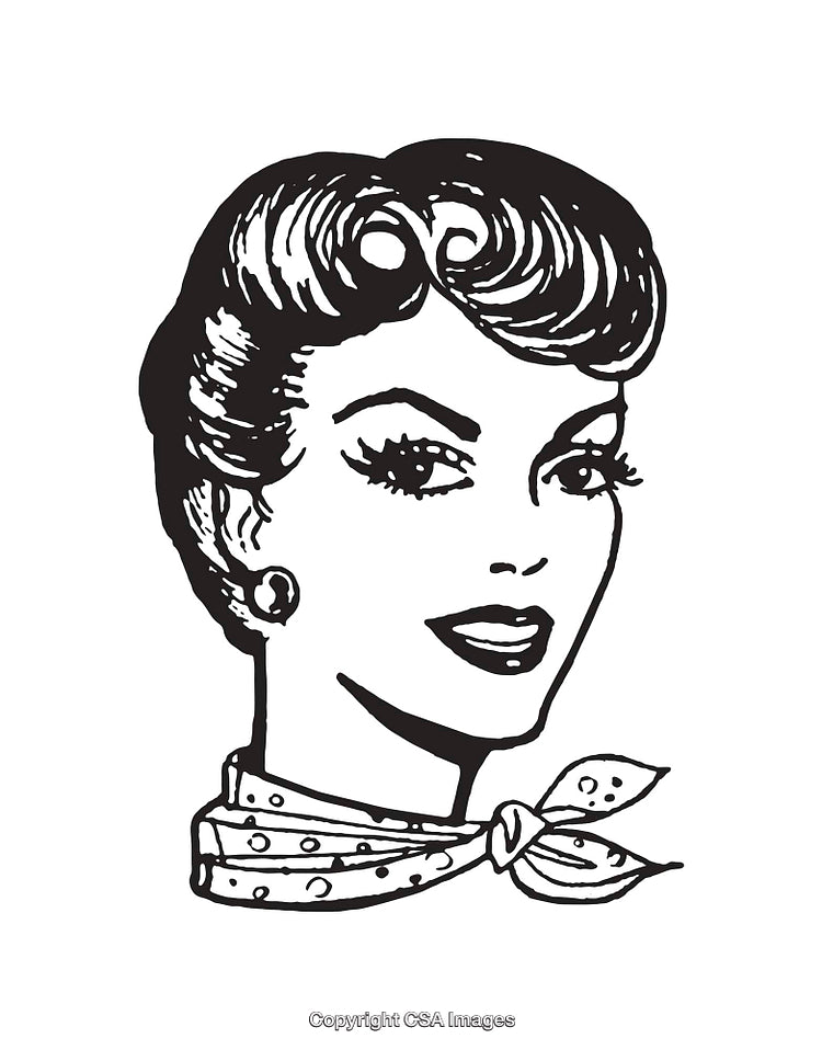 Retro Style Black and White Illustration of a Smiling Woman with Neck Scarf