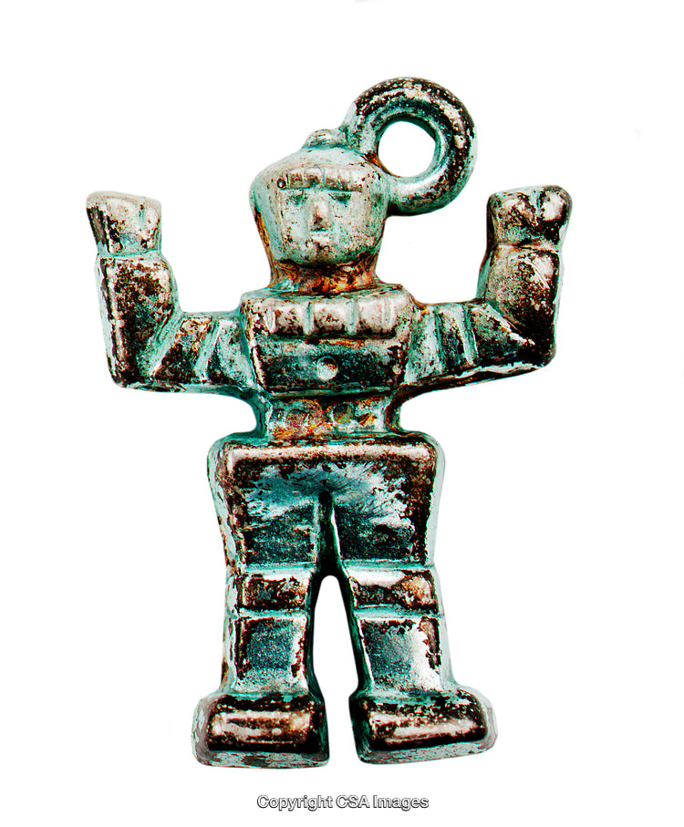 Green Rusted Figurine Shaped As Small Robot-Like Character in White Background