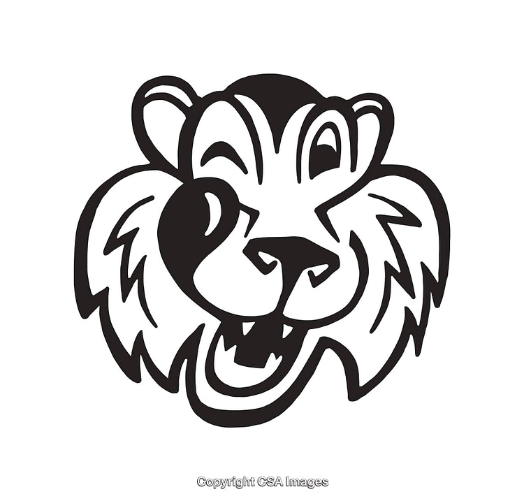 Black and White Cartoon Illustration of a Happy Lion Face