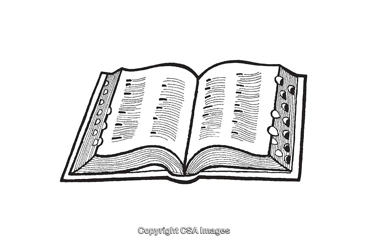 Black and White Line Art Illustration of an Open Book with Text