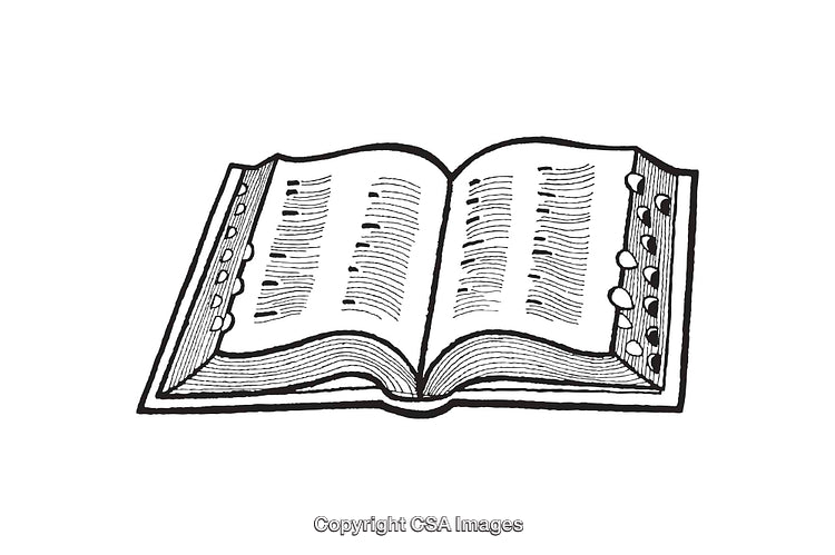 Black and White Line Art Illustration of an Open Book with Text