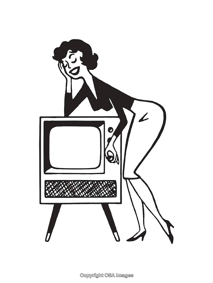 Retro Black and White Illustration of Woman with Vintage Television