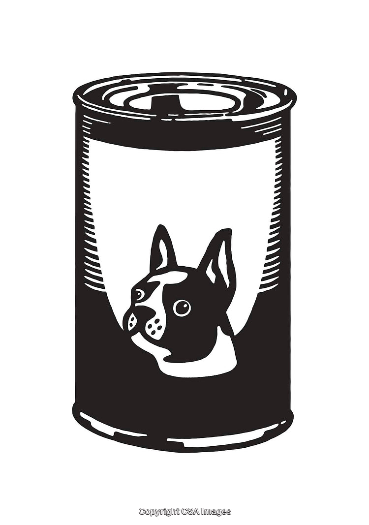 Black and White Line Art of a Dog on a Canned Item