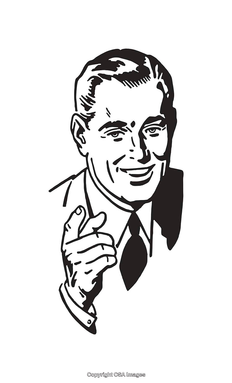 Retro Style Black and White Line Art of a Smiling Male Character