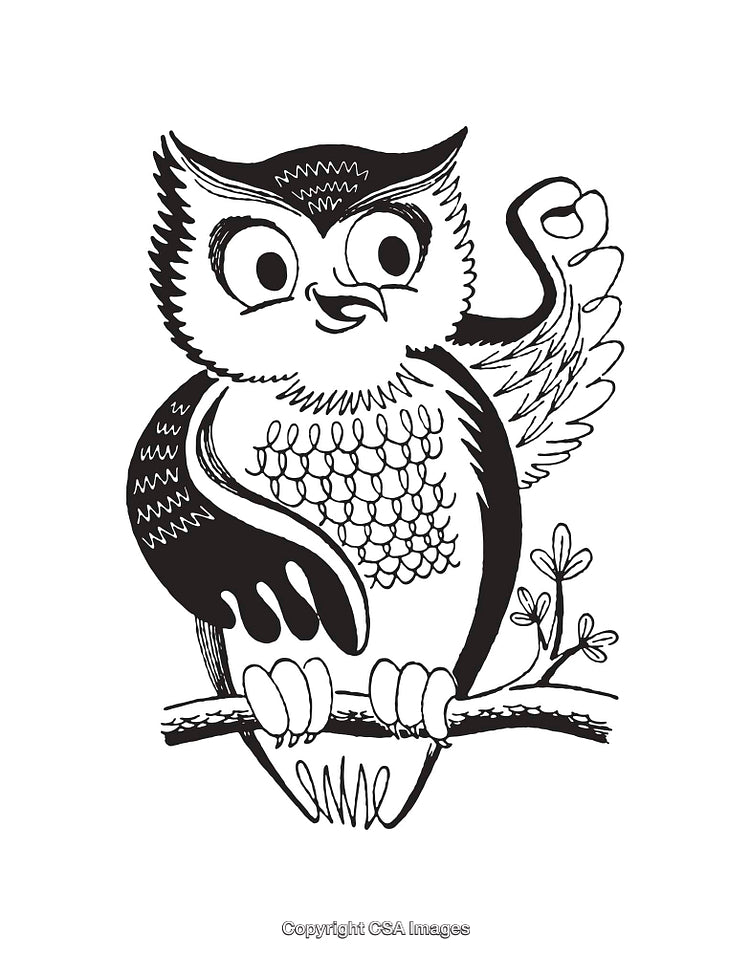 Black and White Line Art Illustration of a Cheerful Owl on a Branch