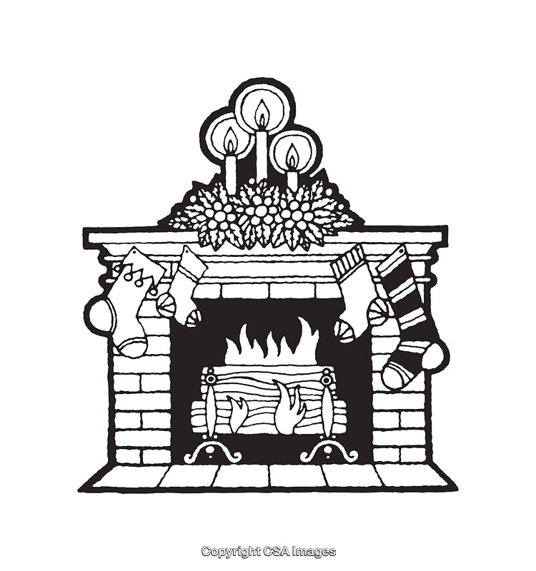 Cozy Fireplace Scene With Stockings and Decorations in Black and White Line Art
