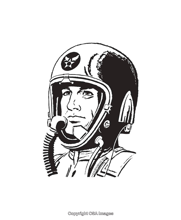 Black and White Illustration of a Pilot Wearing a Helmet and Gear