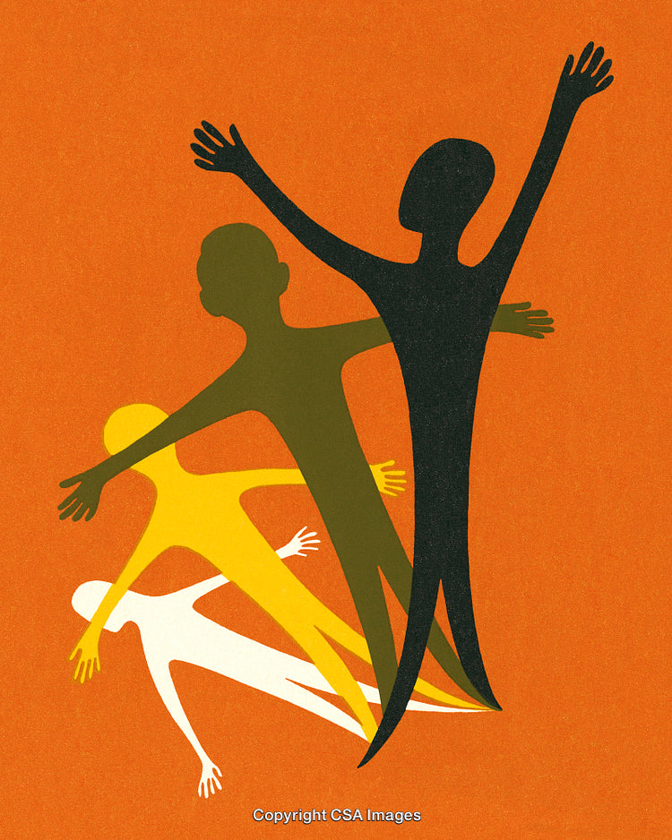 Colorful Abstract Silhouettes Overlayed on Vibrant Orange Background