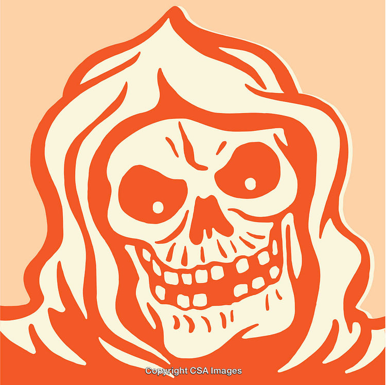 Stylized Orange Illustration of a Grim Reaper Skull Icon