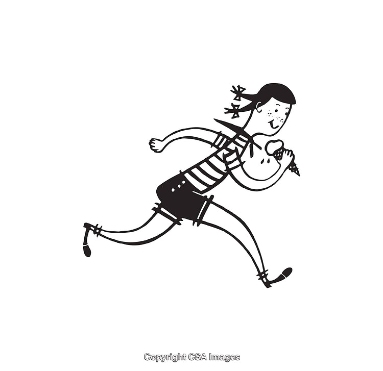Black and White Illustration of a Girl Running with an Ice Cream