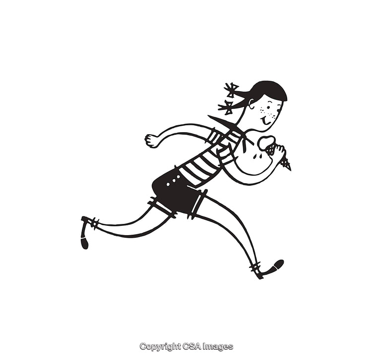 Black and White Illustration of a Girl Running with an Ice Cream