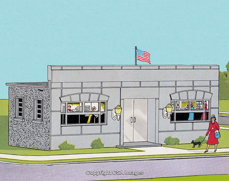 Retro Illustration of a Building with Flag and Pedestrian Walking a Cat