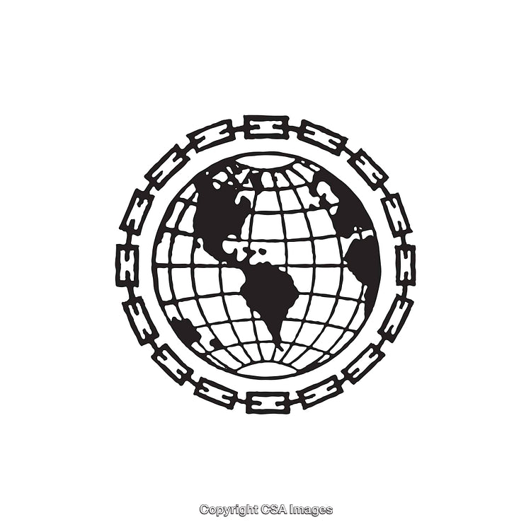 Black and White Line Art of a Globe in a Chain Border