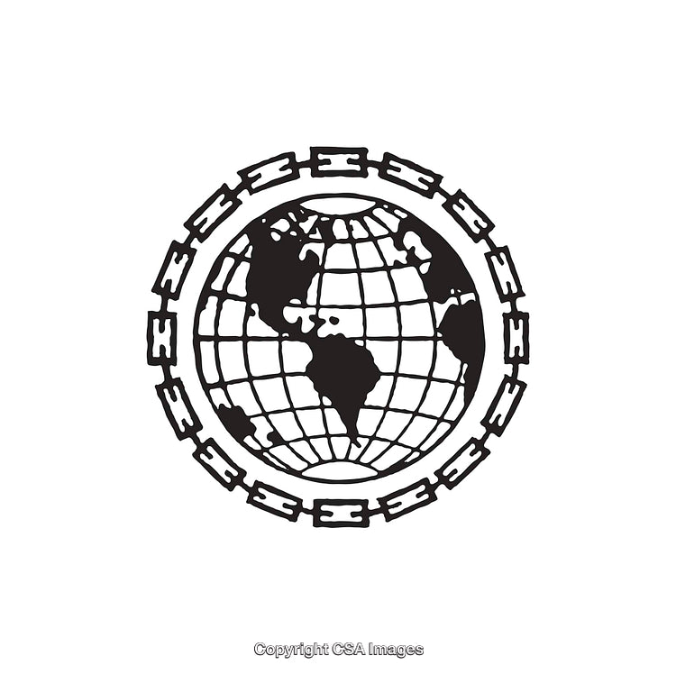 Black and White Line Art of a Globe in a Chain Border