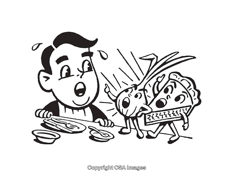 Humorous Black and White Cartoon of Anthropomorphic Food Characters
