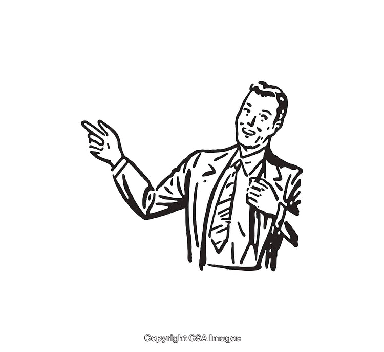 Retro Male Businessman Pointing and Smiling Illustration in Line Art Style