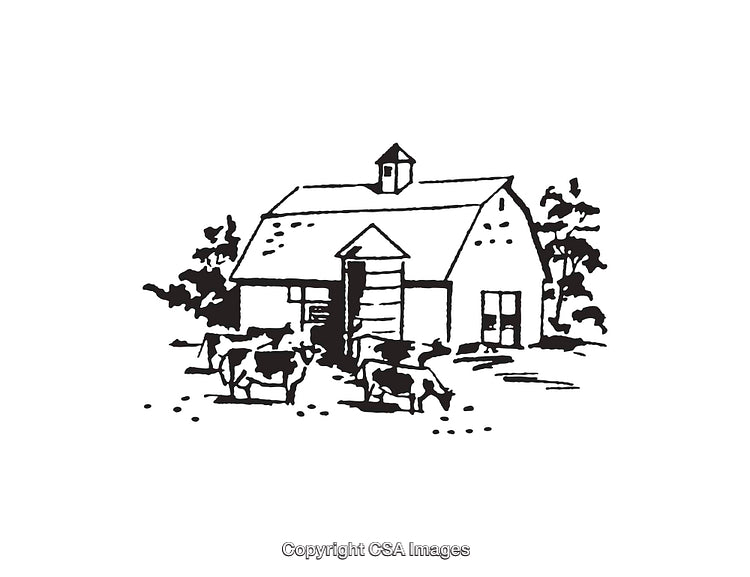 Black and White Illustration of a Barn and Grazing Cows