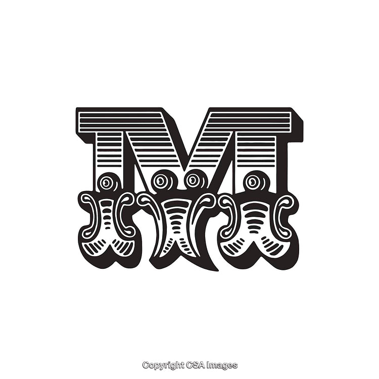 Intricately Designed Monochrome Letter M with Decorative Patterns and Figures