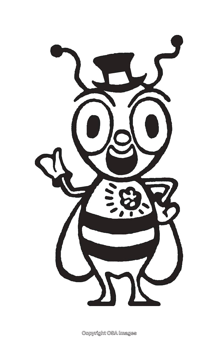 Black And White Illustration of a Cheerful Bee Mascot in a Top Hat