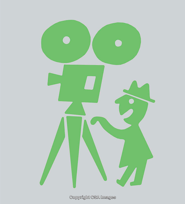 Green Line Art Depicting a Filmmaker Operating a Vintage Camera