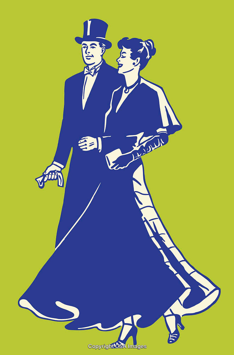 Elegant Couple in Victorian Attire Walking Together in Line Art Style