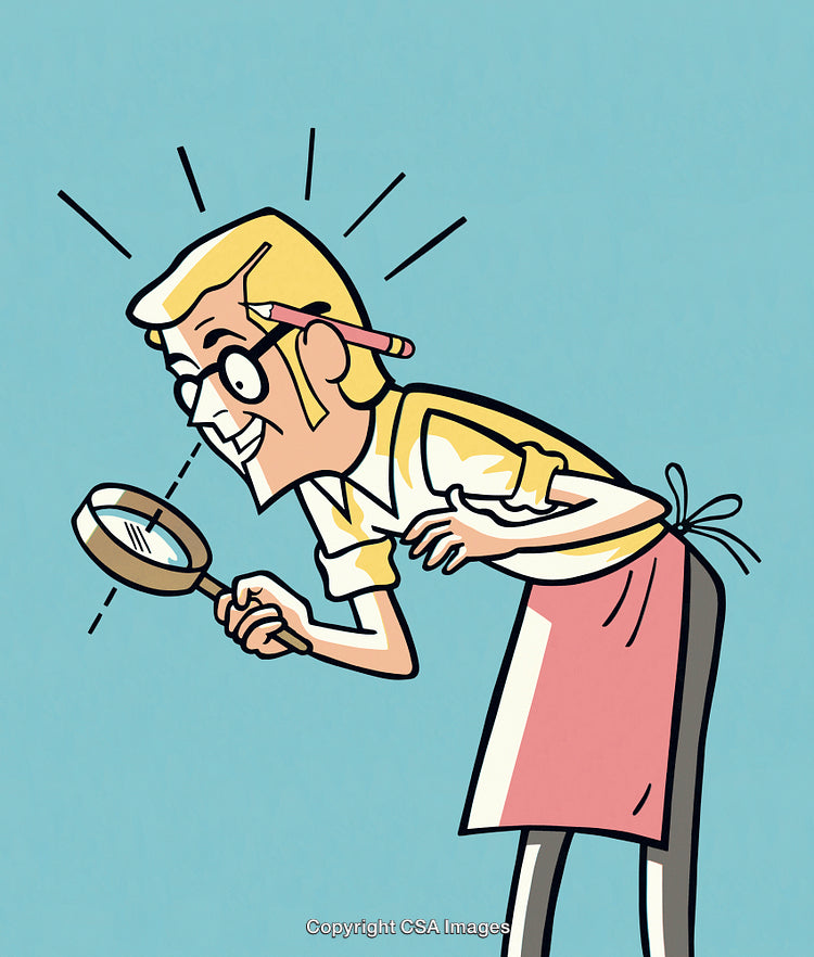 Cartoon Character Examining Objects with Magnifying Glass on Blue Background