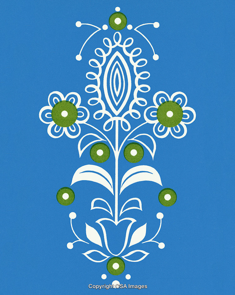 Intricate White Floral Pattern on Blue Background with Green Accents