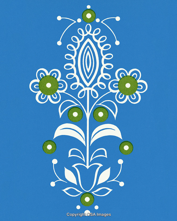 Intricate White Floral Pattern on Blue Background with Green Accents