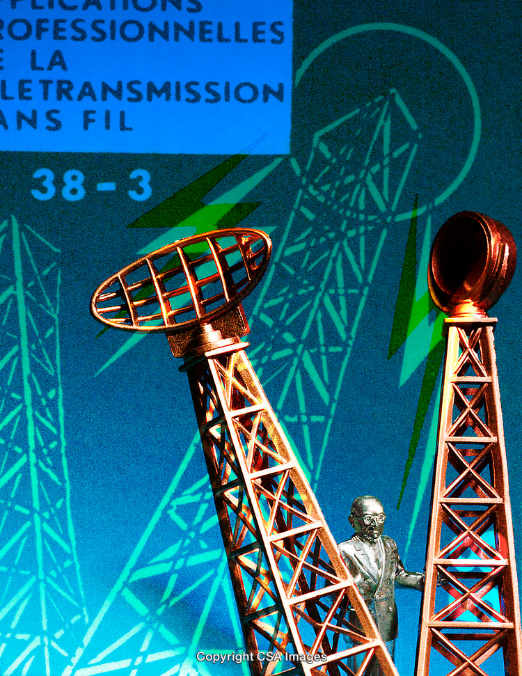 Miniature Figurine Among Radio Towers with Abstract Background Art