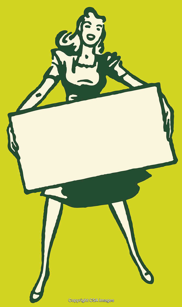 Retro Style Illustration of a Woman Holding a Blank Poster Sign