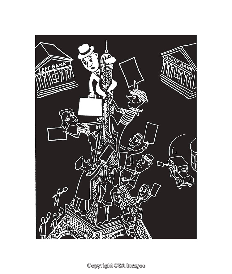 Black and White Satirical Illustration Depicting City Life and Social Interactions
