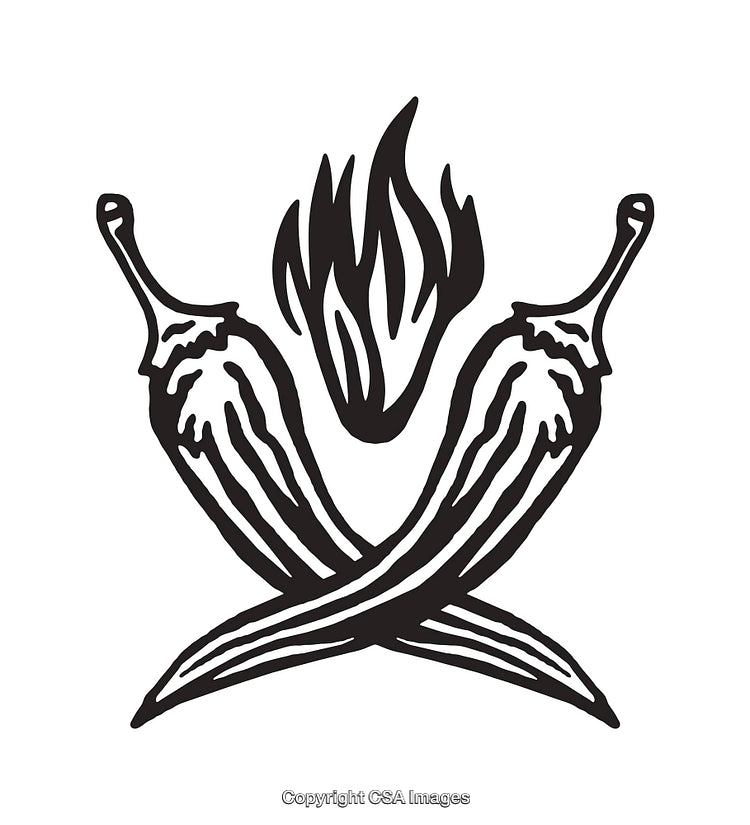 Black And White Illustration of Two Chilies With Flame Design