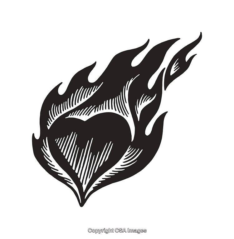 Black and White Line Art Illustration of a Flaming Heart