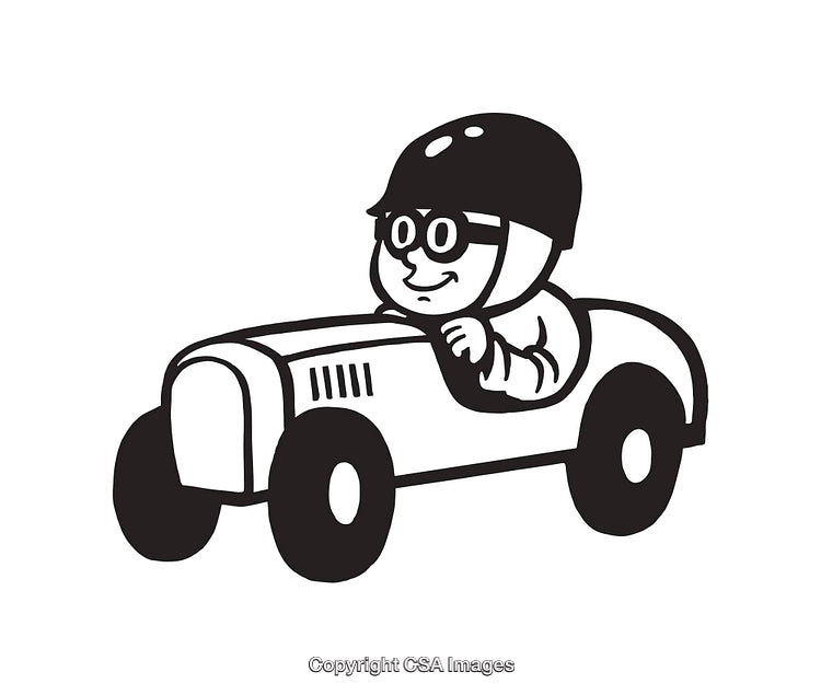 Cartoon Racer Driving Small Car in Vintage Style Illustration