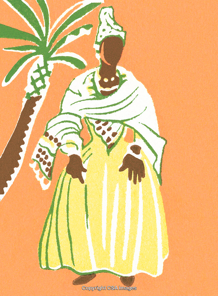 Illustrative Portrait of a Woman in Traditional Outfit with Tropical Palm Tree