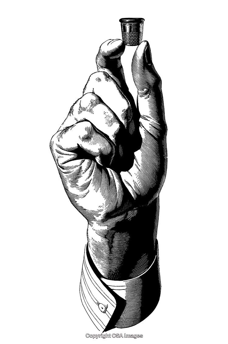 Engraved Artwork of a Hand Holding a Sewing Thimble