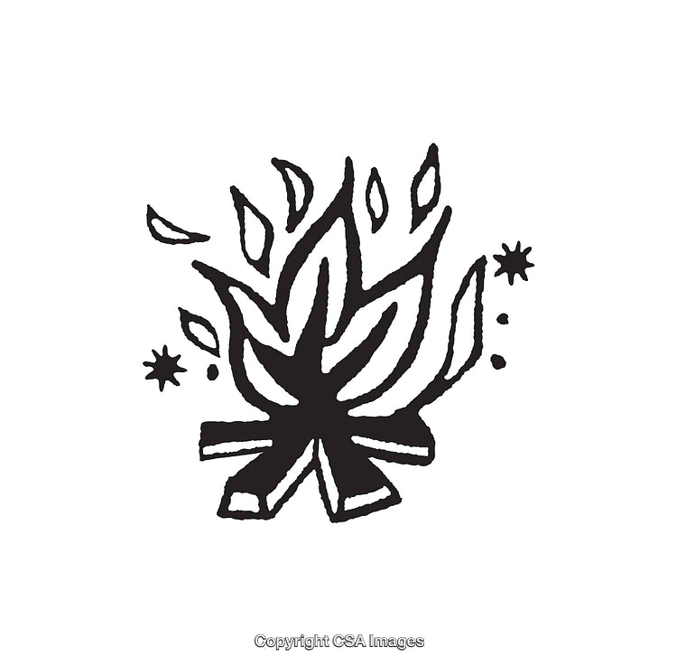 Stylized Black and White Illustration of a Campfire with Decorative Elements