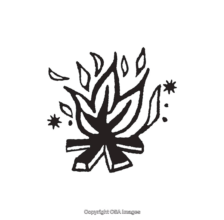 Stylized Black and White Illustration of a Campfire with Decorative Elements