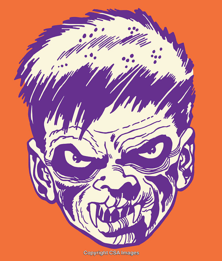 Colorful Line Art Illustration of a Fierce Monster Face on Orange Background