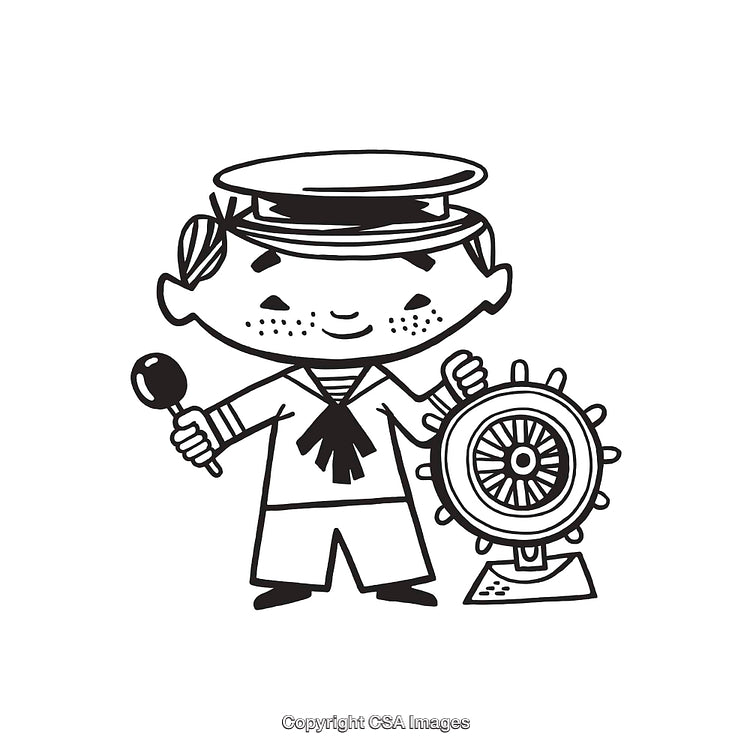 Nautical Themed Cartoon Illustration of a Sailor with a Ship's Wheel