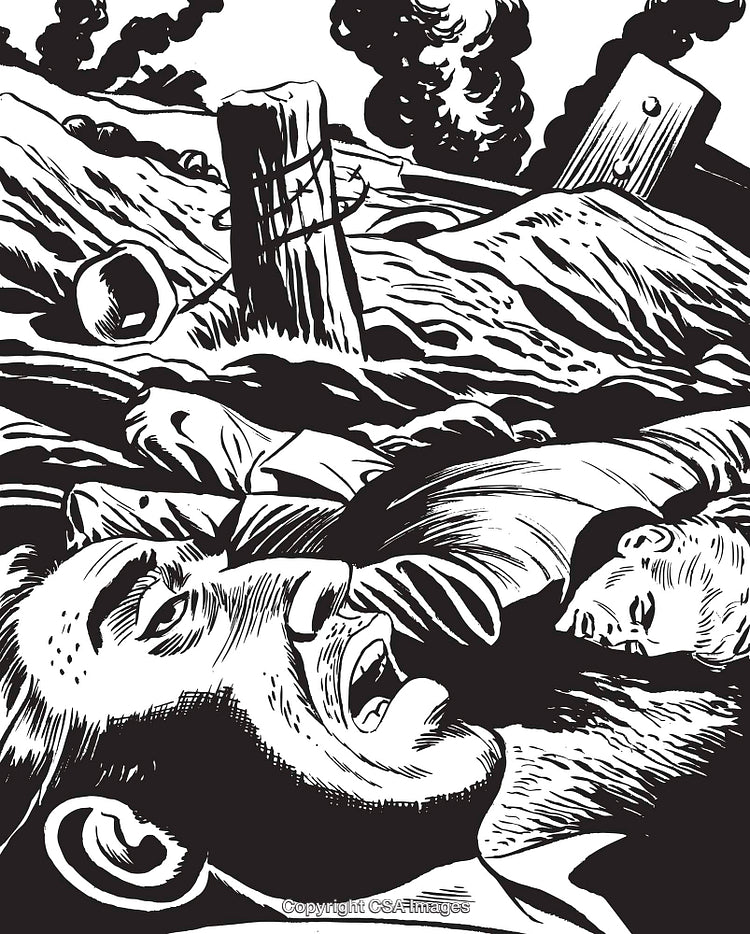 Dramatic Depiction of a Battlefield with Fallen Soldiers in Monochrome Illustration