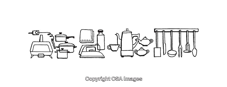 Black and White Line Art Illustrations of Various Kitchen Utensils and Appliances