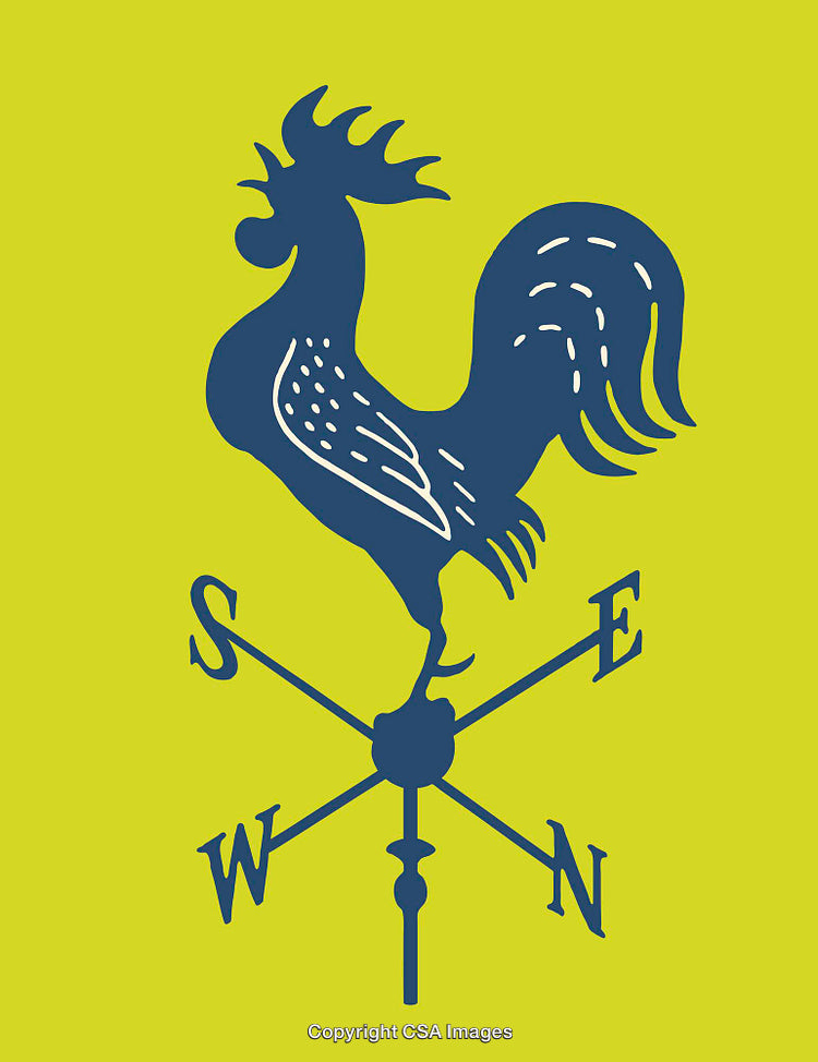 Blue Rooster Weathervane Icon on Bright Green Background