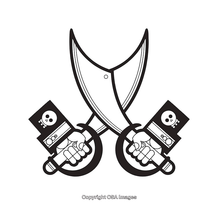 Crossed Pirate Swords with Detailed Skull Motifs in Black and White
