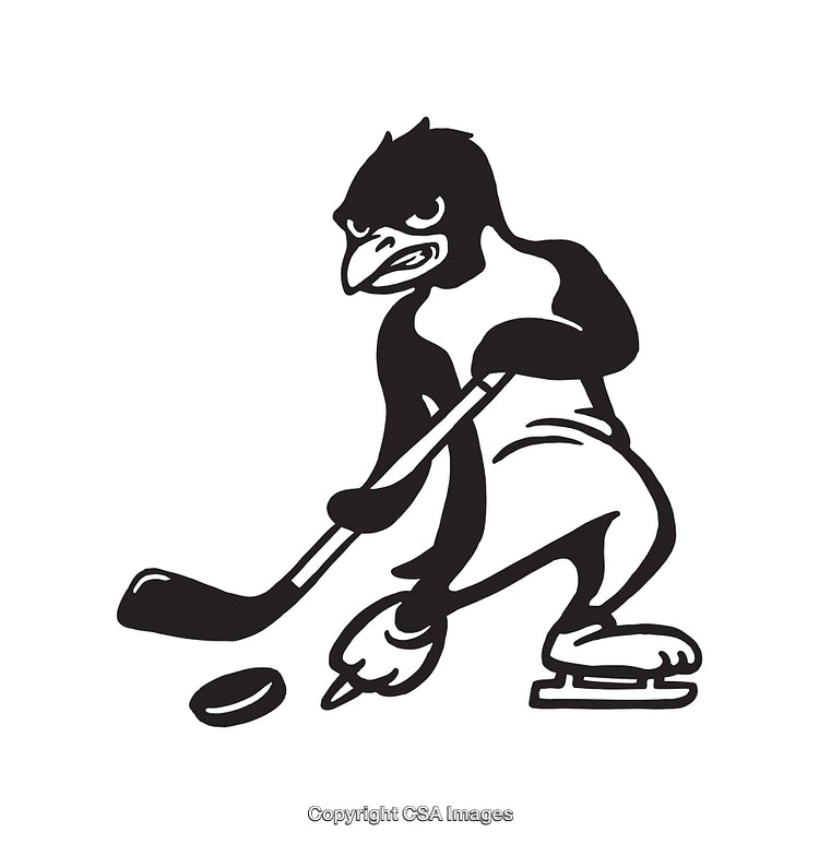 Black and White Line Art Illustration of a Hockey-Playing Penguin