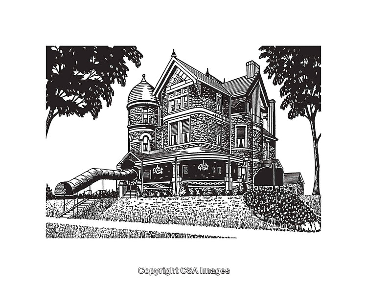 Victorian Mansion Illustration in Detailed Black and White Line Art Style