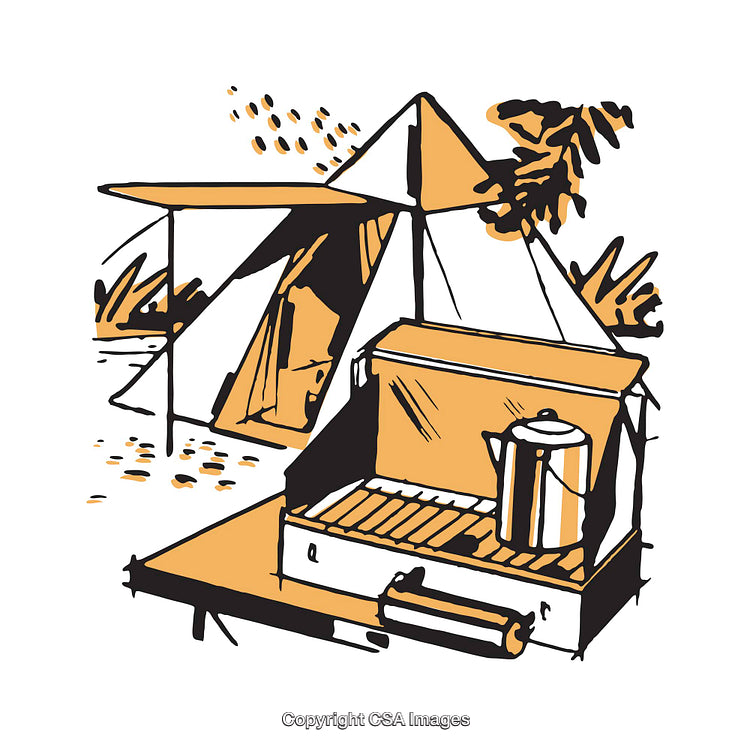 Colorful Illustration of Camping Gear with Tent and Stove Setup
