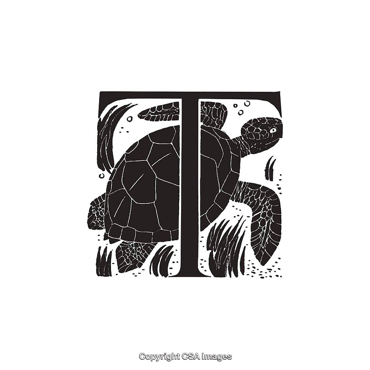Stylized Black and White Illustration of Letter T and Turtle Motif